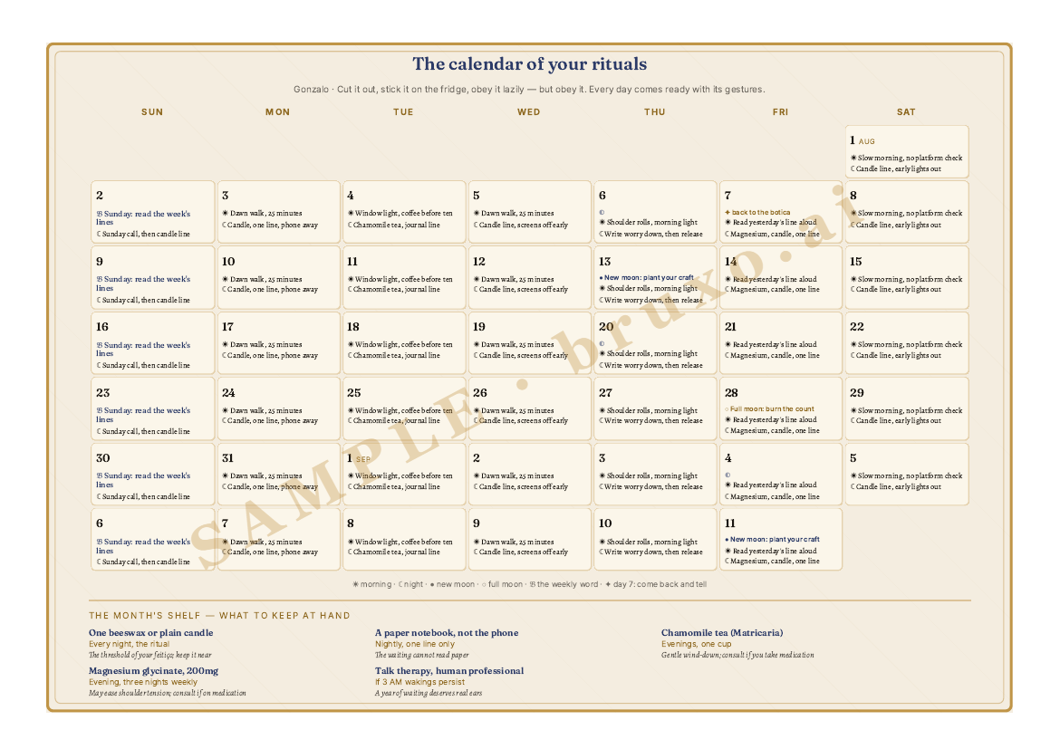 The Calendar of Rituals fridge sheet of the Map of the Sky (sample)