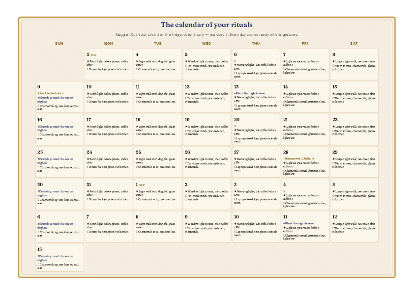 The Calendar of Rituals fridge sheet of the Bond Map (sample)